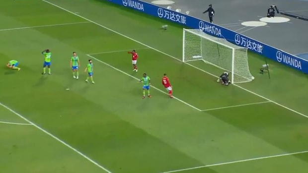 An action shot from the game between Seattle Sounders and Al Ahly at the FIFA Club World Cup in February 2023